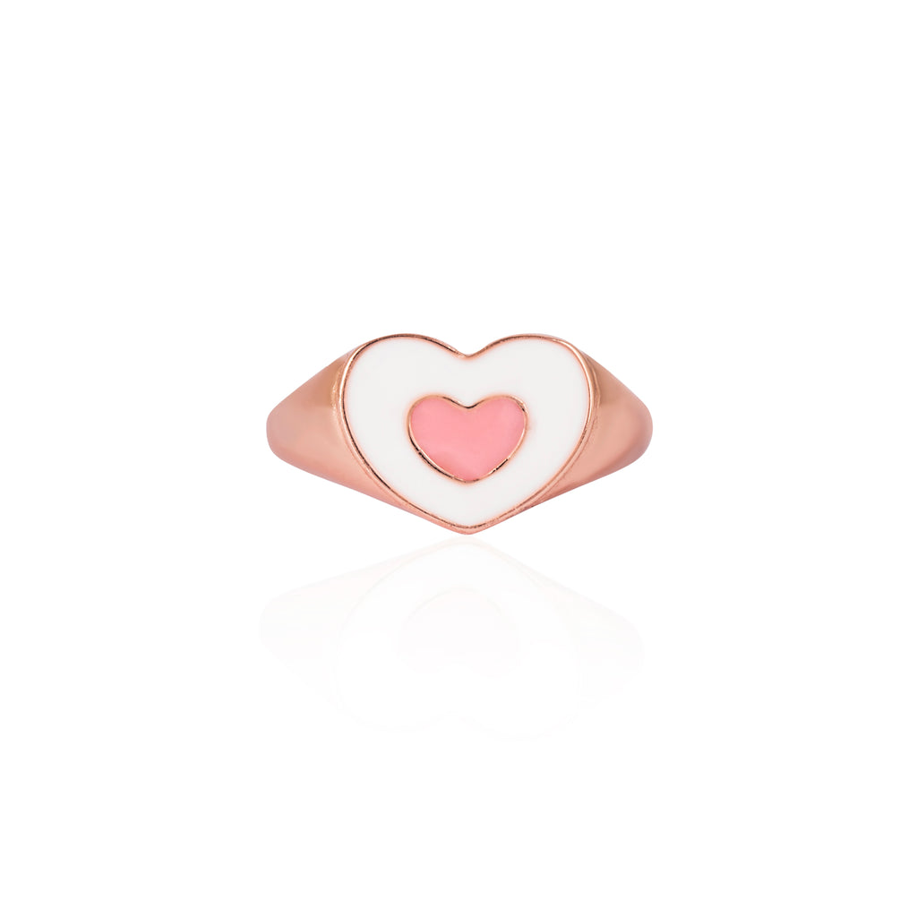 TWO TONE ENAMELLED HEART RING - WHITE