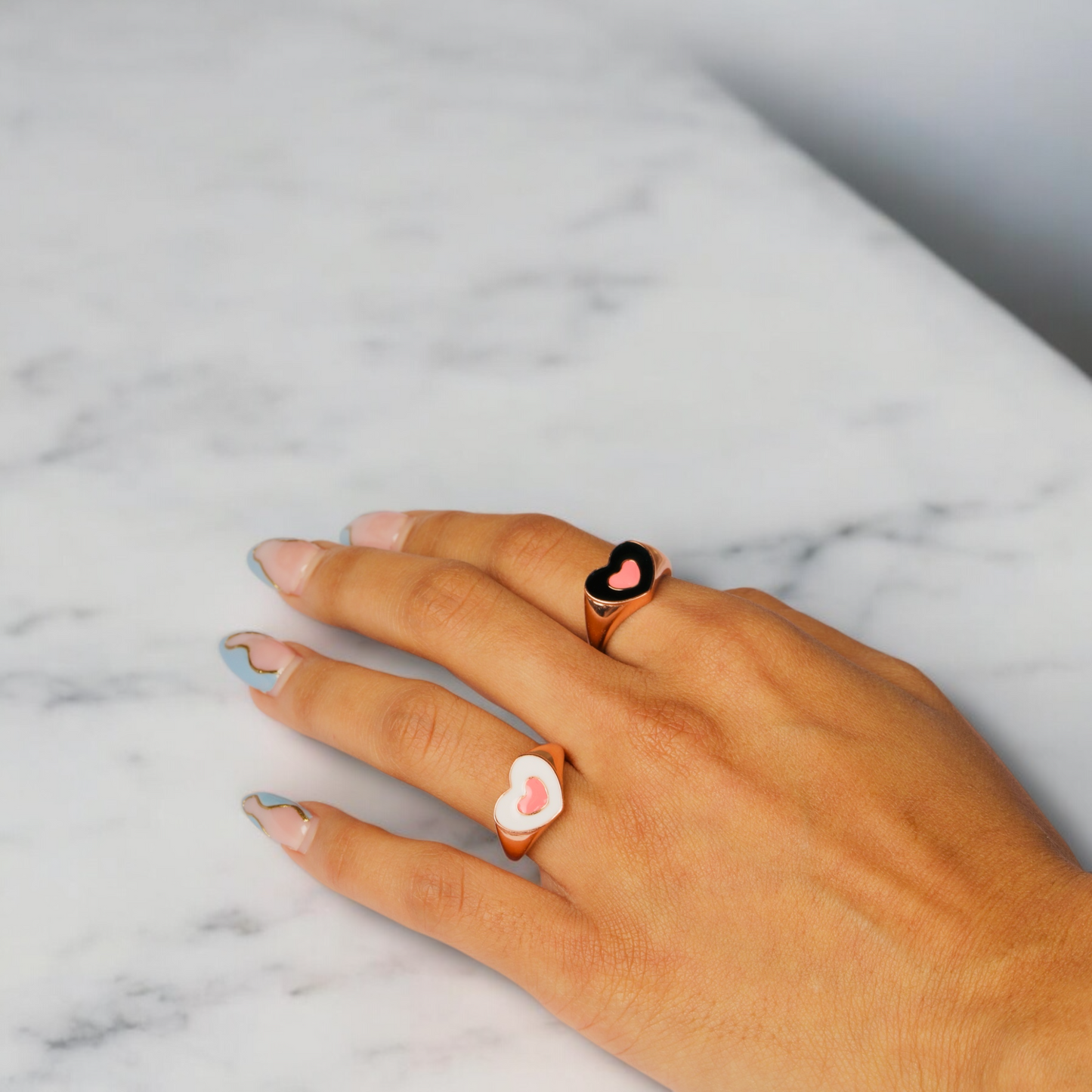 TWO TONE ENAMELLED HEART RING - WHITE